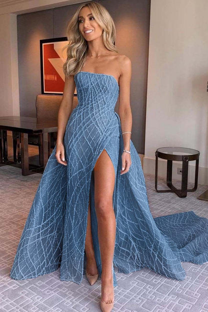 Stunning Light Blue Sleeveless Strapless Long Split Prom Dress with Embroidery
