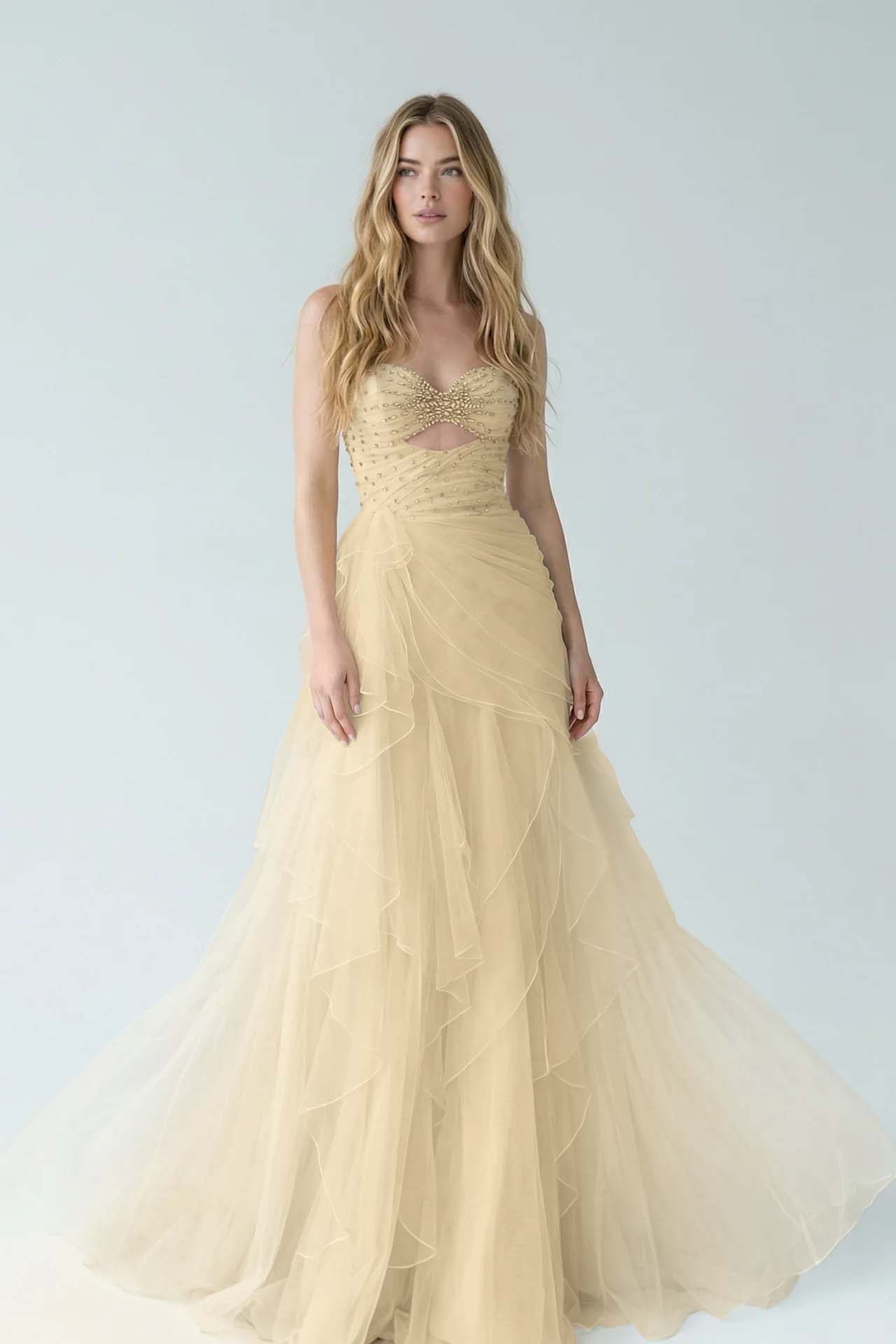 White Sweetheart A-Line Evening Dress Floor Length Pleated with Rhinestone