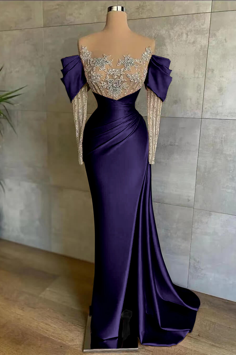 Pink Front Split Mermaid Long Sleeves Prom Dress Beadings With Appliques Off-The-Shoulder