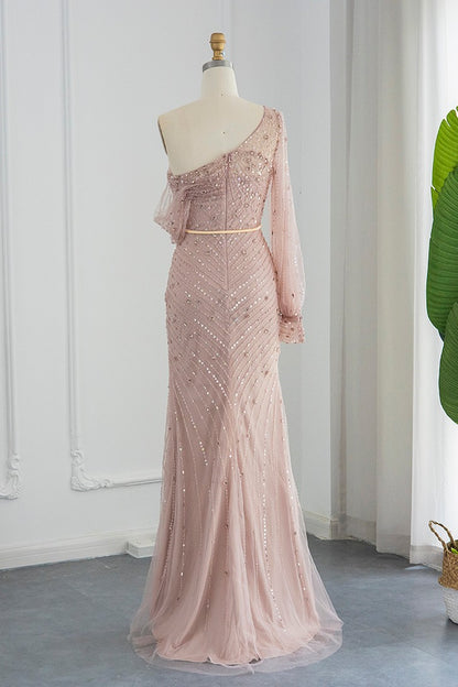 Pink Mermaid One Shoudler Evening Dress Side Split With Appliques Seqiuns