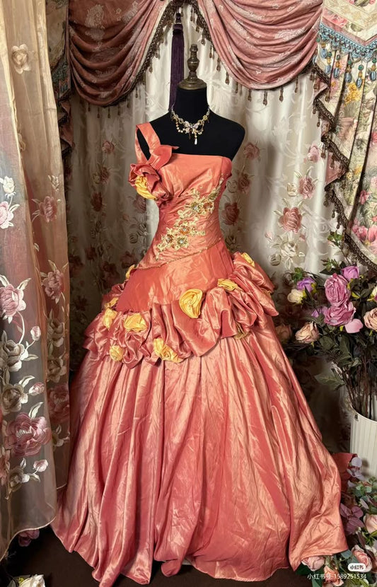 Vintage A Line One Shoulder Flower Appliques Satin Prom Dress Evening Dress SH3336