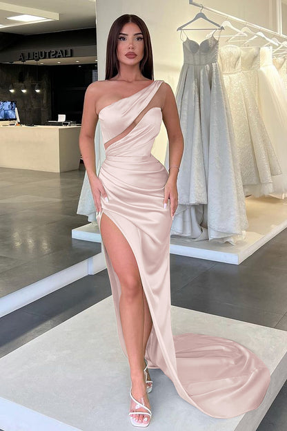 Light Green One-Shoulder Long Sleeveless Slit Evening Dress