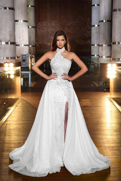 Purple Halter Mermaid Prom Dress Tulle Ruffles With Slit Appliques
