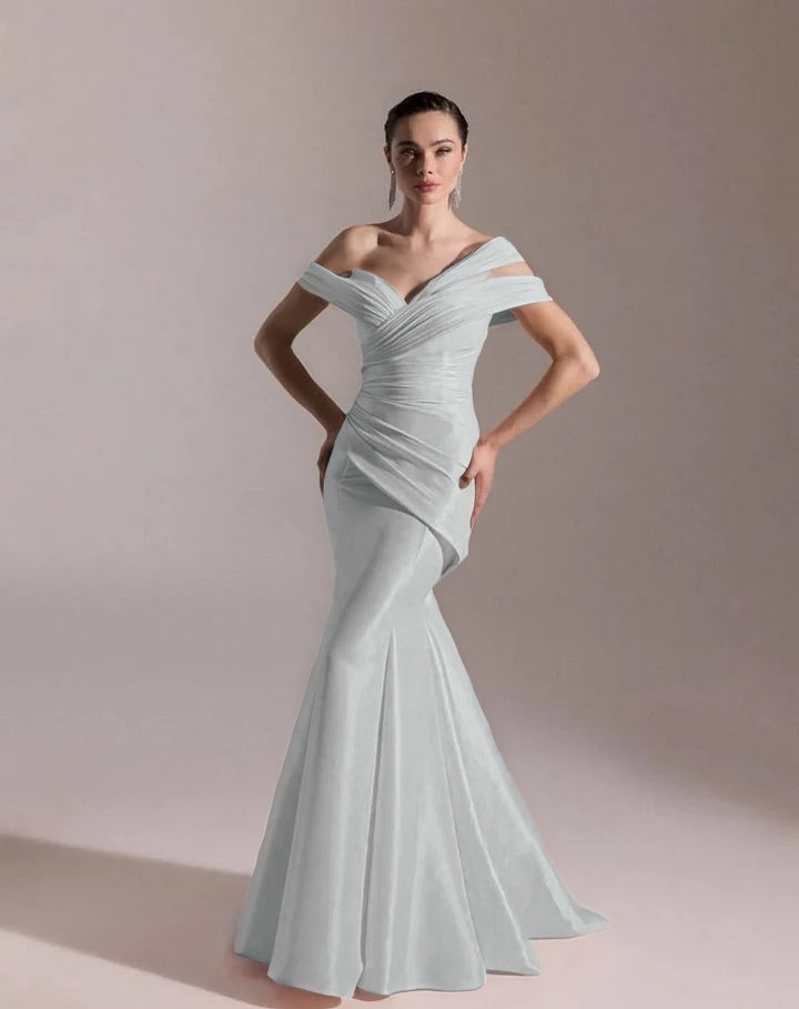 Classic Blushing Pink Off-The-Shoulder Mermaid Pleated Evening Dress