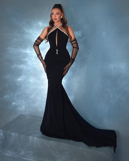 Black Sleeveless Halter Strap Mermaid Prom Dress With Long Gloves