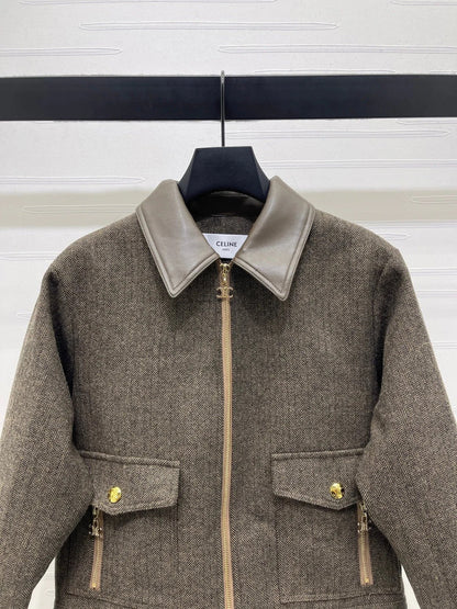 CELINE 25S PU LEATHER JACKET WITH LAPEL TRIM 0032