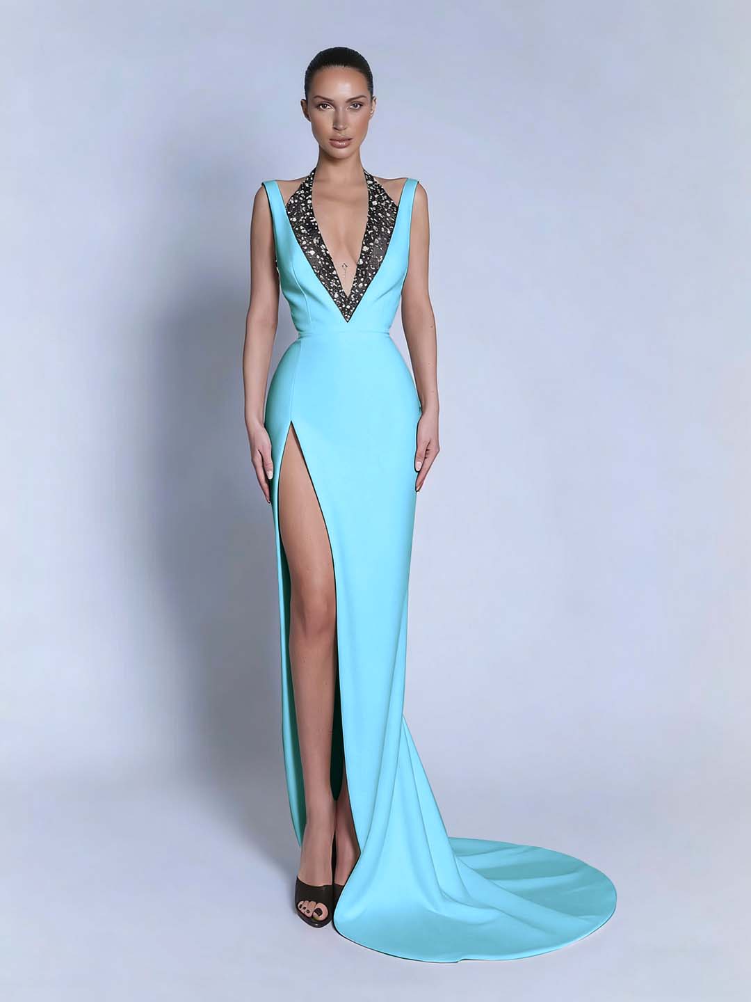 Black Sleeveless Slit Halter Straps Prom Dress With Beads