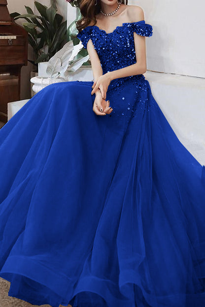 Champagne Long Evening Dress Off-The-Shoulder Sweetheart Sequins
