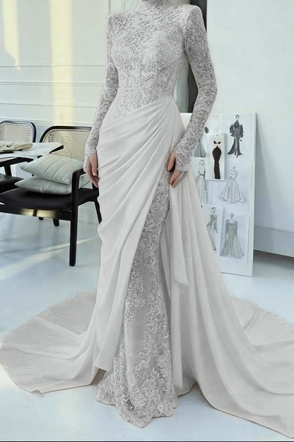 Glamorous Lace Burgundy High Neck Long Sleeves Evening Dress With Appliques