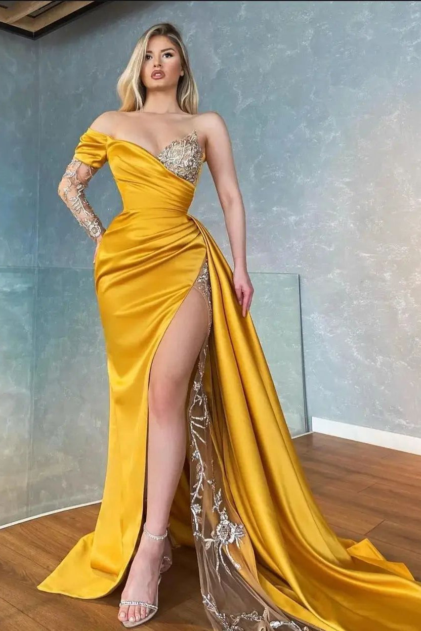 Split Mermaid Appliques Prom Dress Long With Ruffles Sweetheart Long Sleeve Yellow