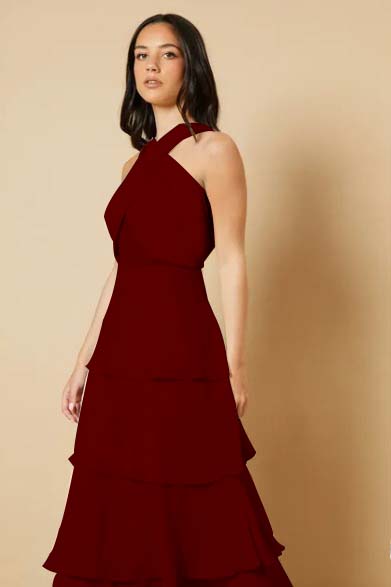 Sleeveless Halter Straps A Line Long Ruffles Prom Dress