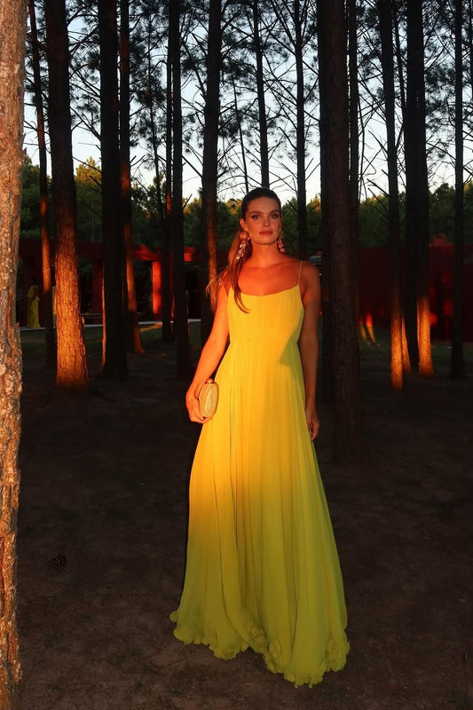 Yellow Sleeveless Spaghetti Straps Square A-Line Prom Dress