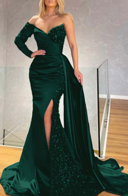 One Shoulder Long Sleeve Split Black Mermaid Prom Dress With Sequins