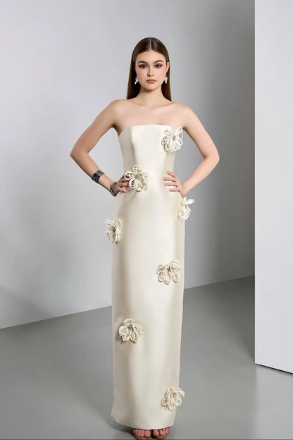 Elegant Ivory Strapless Evening Dress Column Floor Length in Satin with Flower