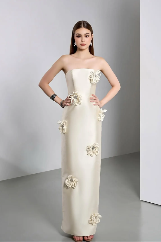 Elegant Ivory Strapless Evening Dress Column Floor Length in Satin with Flower