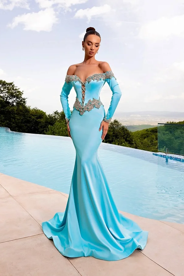 Pretty Long Sleeves Strapless V-Neck Beads Mermaid Prom Dress