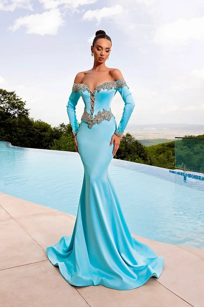 Pretty Long Sleeves Strapless V-Neck Beads Mermaid Prom Dress