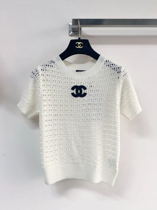 Chanel 2026 Hollow Short-Sleeve Shirt Pink Black White Wool Cashmere