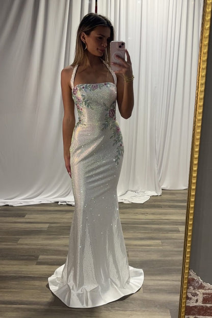 Sleeveless Stunning Halter Straps Beading Embroidery Prom Dress