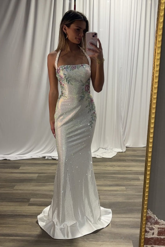 Sleeveless Stunning Halter Straps Beading Embroidery Prom Dress
