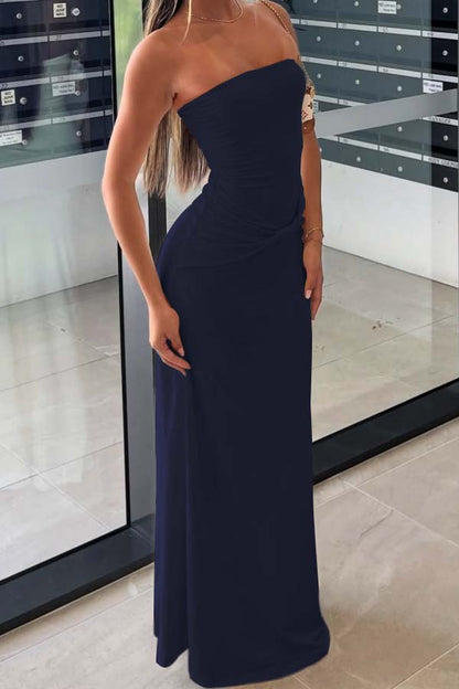 Cream-colored Semi-formal Strapless Pleated Sheath Prom Dress