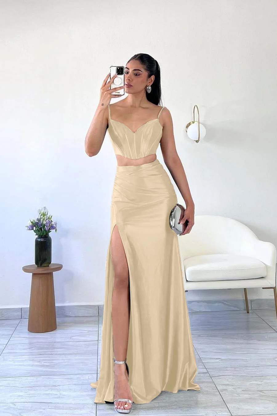 Simple Dark Green Satin Spaghetti Strap Sleeveless Long Prom Dress with Split