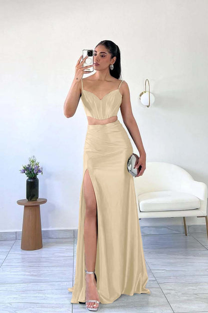 Simple Dark Green Satin Spaghetti Strap Sleeveless Long Prom Dress with Split