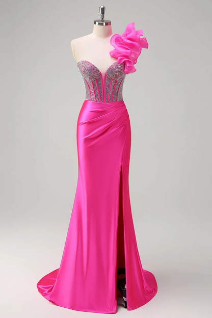Strapless Handmade Flower Backless Mermaid Slit Prom Dress With Beading