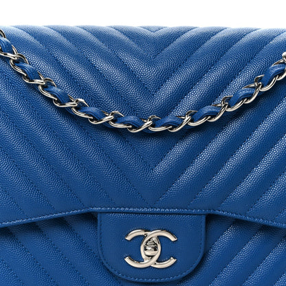 Caviar Chevron Quilted Jumbo Double Flap Blue