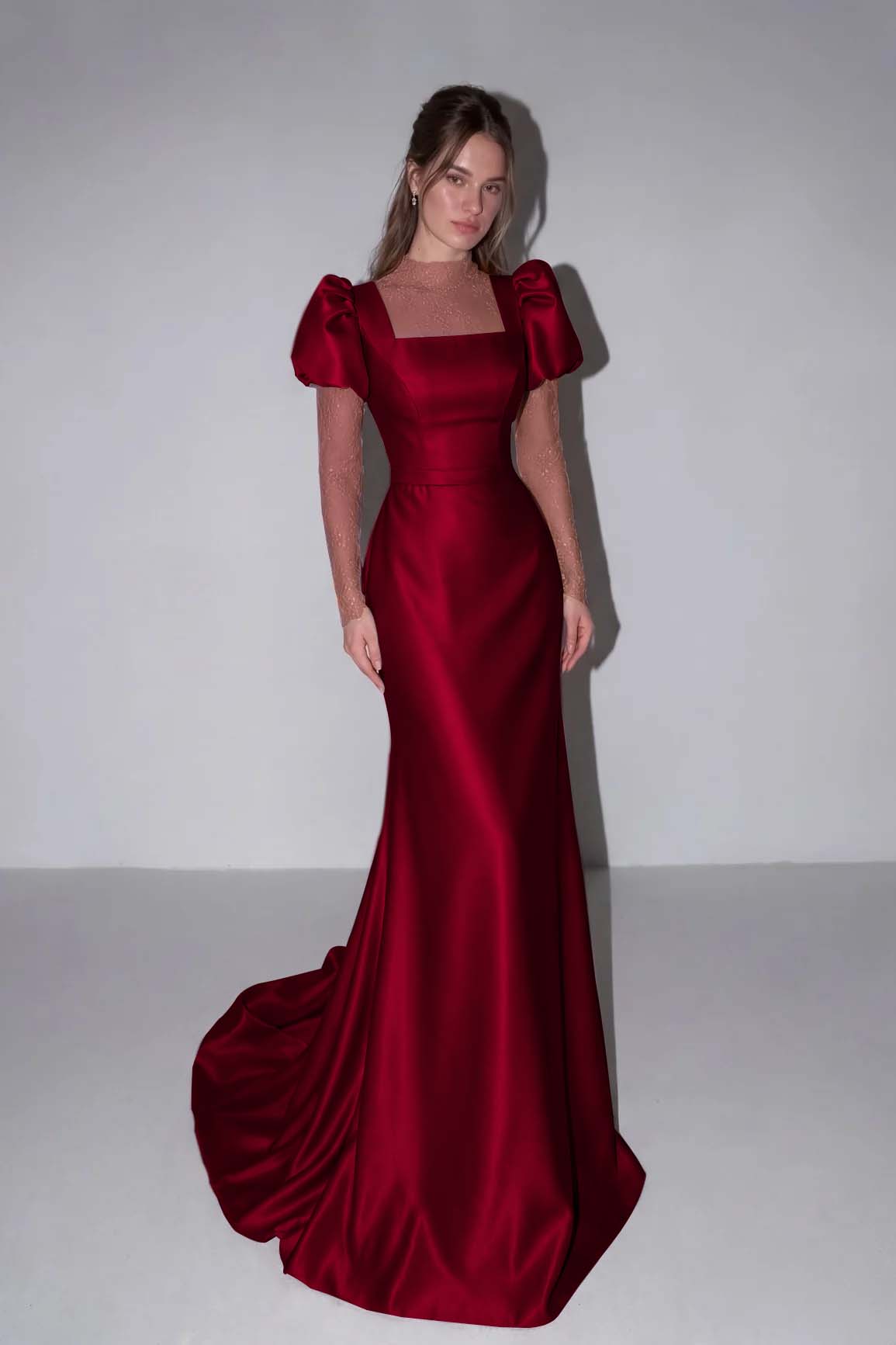 Lilac High Neck Mermaid Prom Dress Long Sleeves in Satin with Lace