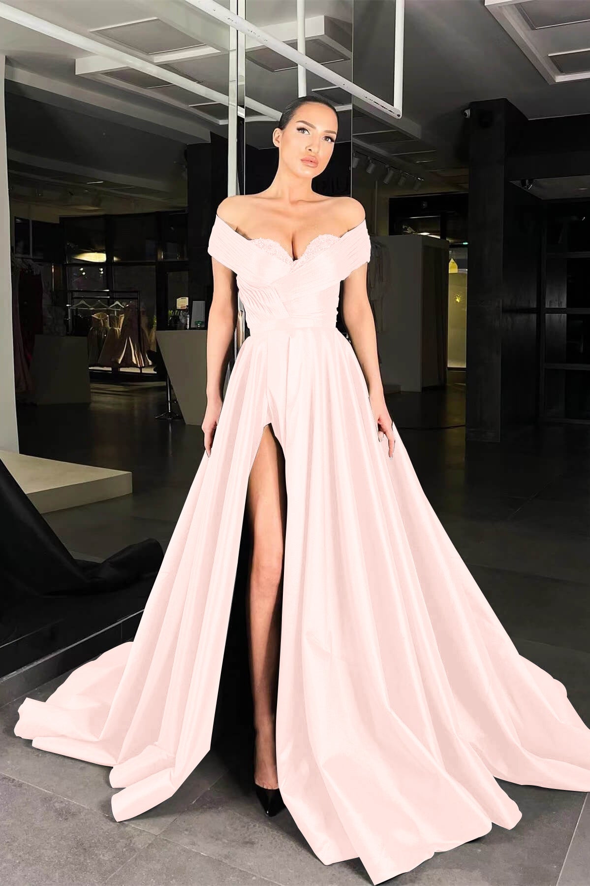 Black Long Off The Shoulder Beads Prom Dress A Line Slit