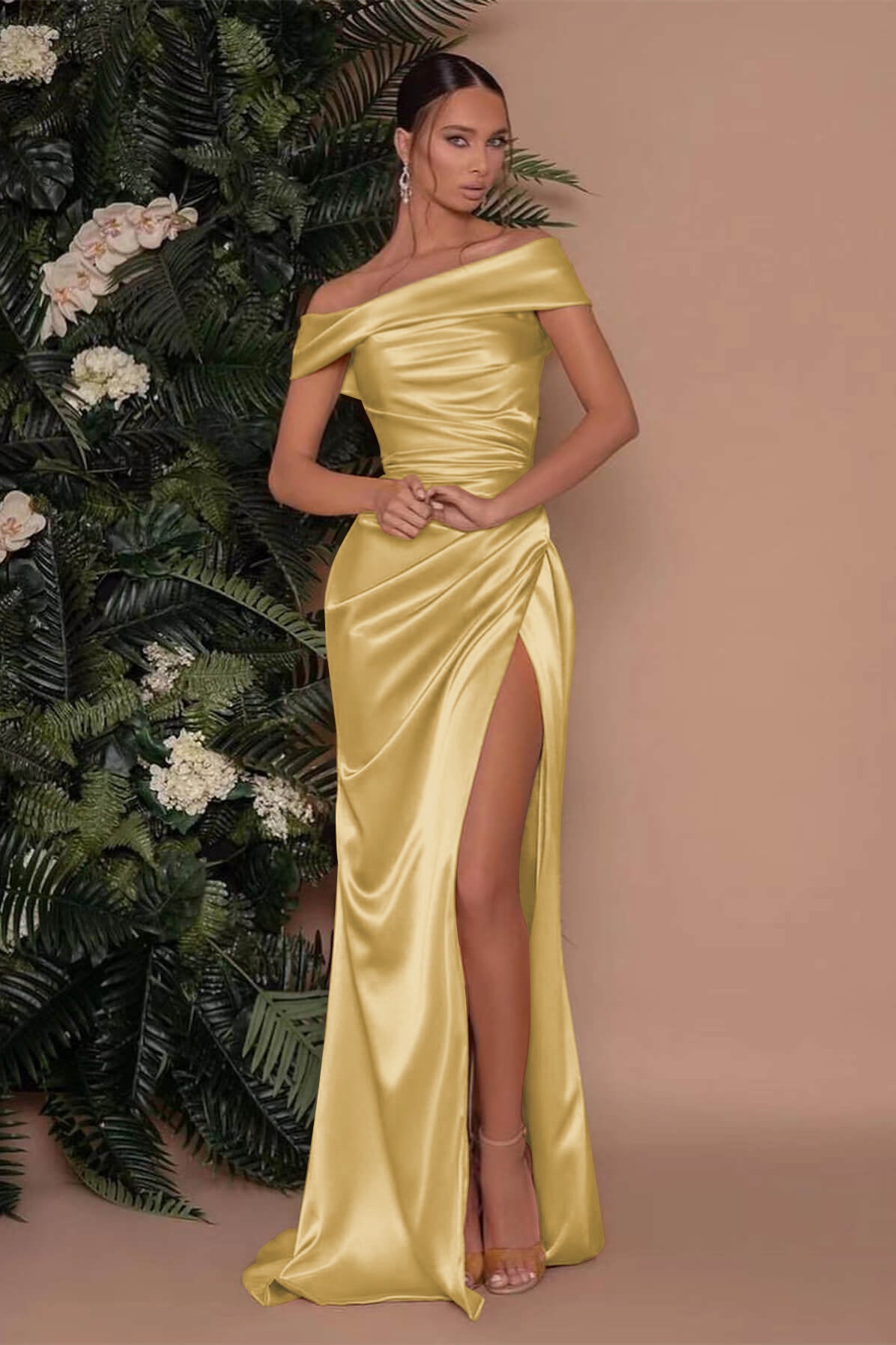 Champagne Off The Shoulder Prom Dress Charmeuse Slit Mermaid