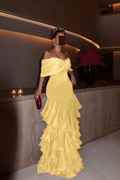 Glamorous Orchid Off the Shoulder Ruffles Evening Dress with Pleated