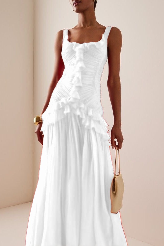 Elegant Ruffled Red Sleeveless Square Long Prom Dress With Pleated