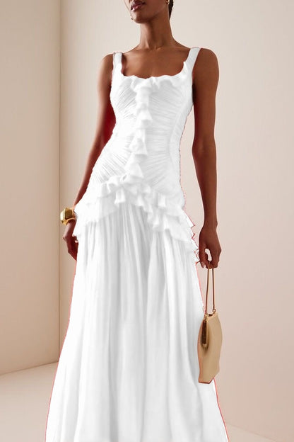 Elegant Ruffled Red Sleeveless Square Long Prom Dress With Pleated