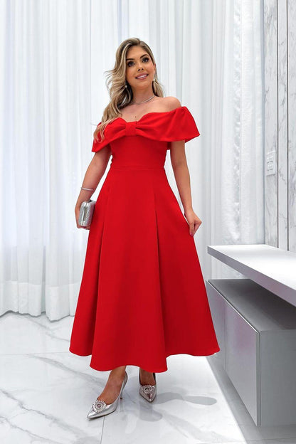 Stunning Red Satin Off the Shoulder Strapless A Line Prom Dress with Pleated