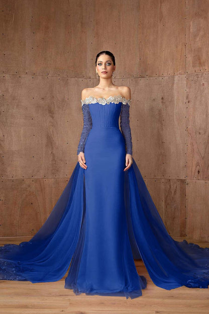 Charming Pink Satin Off the Shoulder Long Sleeves Long Prom Dress with Beadings