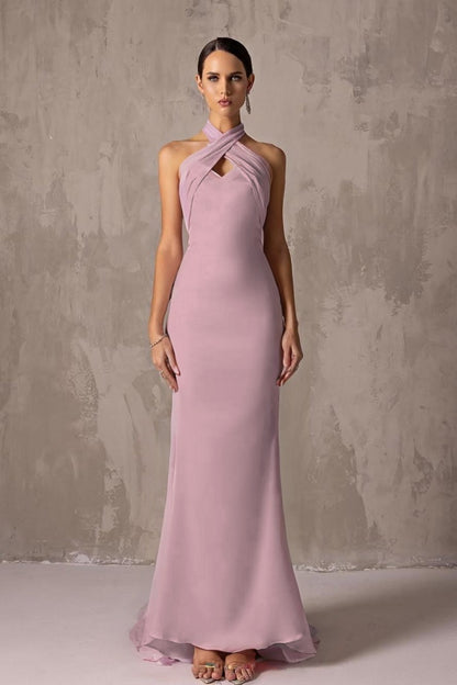 Elegant Blushing Pink Satin Halter Sleeveless Long Prom Dress with Pleated