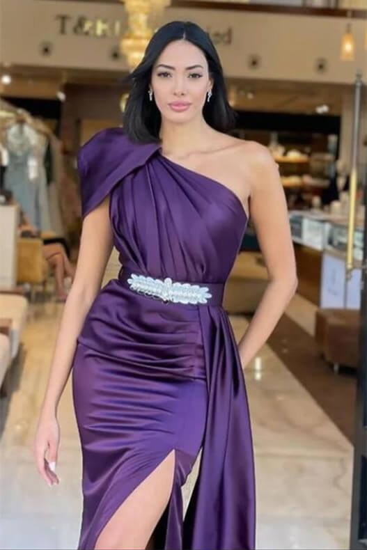 Mermaid Long Ruffles Prom Dress With Belt Online One Shoulder Dark Purple
