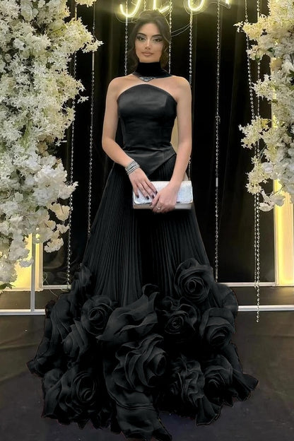Strapless Sleeveless Long Ruffle Evening Dress With Flower Pleated
