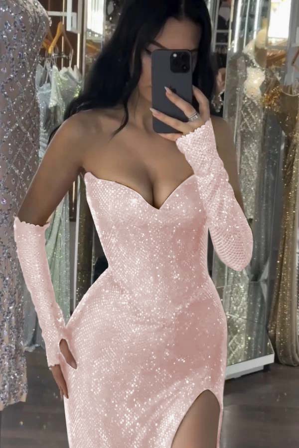 Burgundy Sleeveless Strapless Sequins Mermaid Prom Dress With Gloves