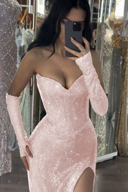 Burgundy Sleeveless Strapless Sequins Mermaid Prom Dress With Gloves