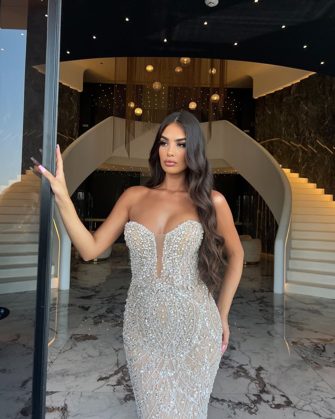 Glamorous Crystal-Embellished Beaded Strapless Mermaid Prom Dress