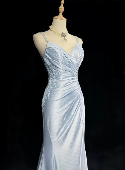 Classy Mermaid Spaghetti Straps Appliques Satin Open Back Long Party Dress Evening Dress SH2916