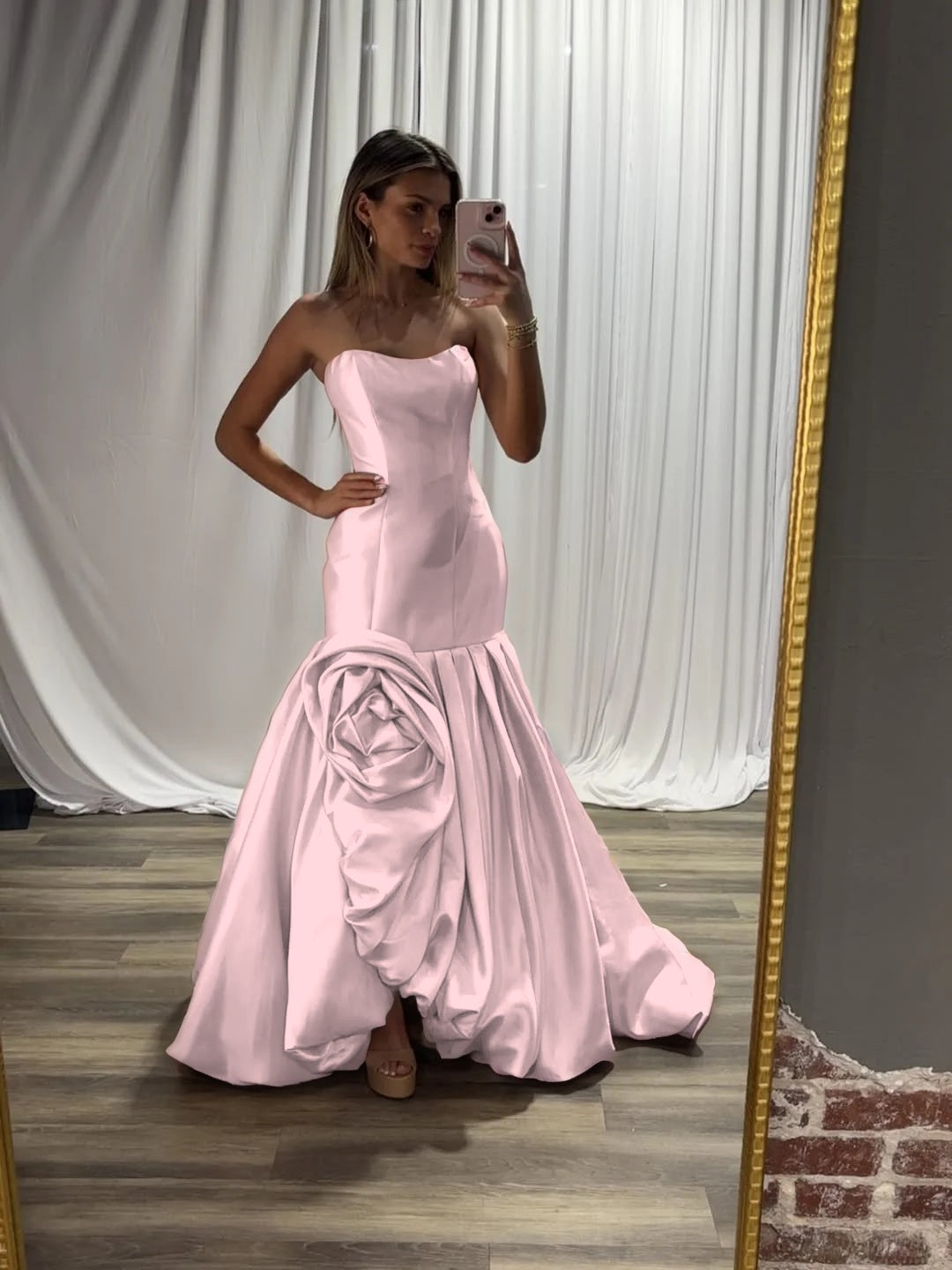 Dreamy Pearl Pink Straight Across Handmade Flower Mermaid Evening Dress