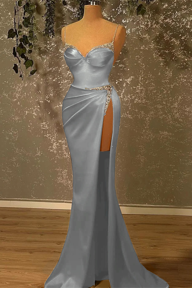 Spaghetti-Straps Beadings Burgundy Mermaid Prom Dress With Slit