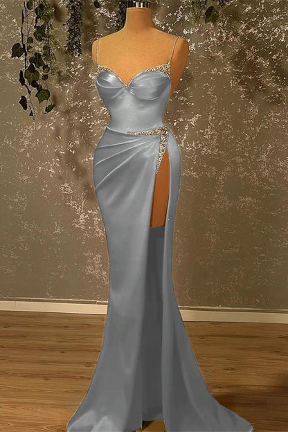 Spaghetti-Straps Beadings Burgundy Mermaid Prom Dress With Slit