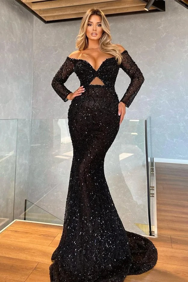Long Sleeves V-Neck Mermaid Prom Dress Black With Sequins
