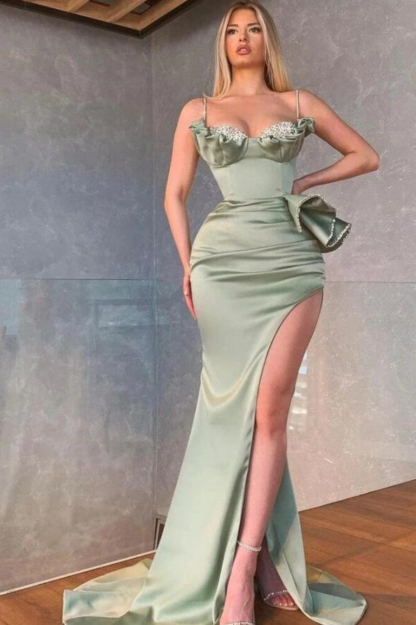 Dusty Sage Spaghetti-Straps Prom Dress Mermaid Split With Beadings Ruffles