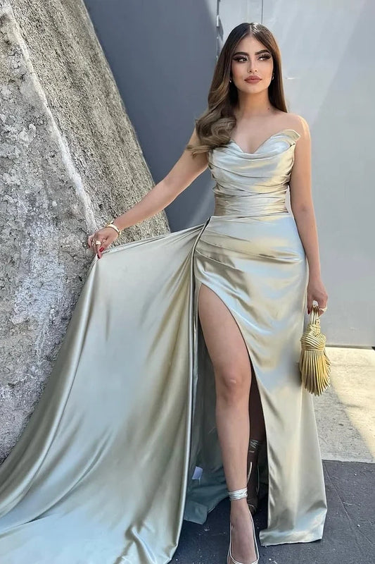Strapless Sleeveless V-Neck Mermaid Pleated Prom Dress